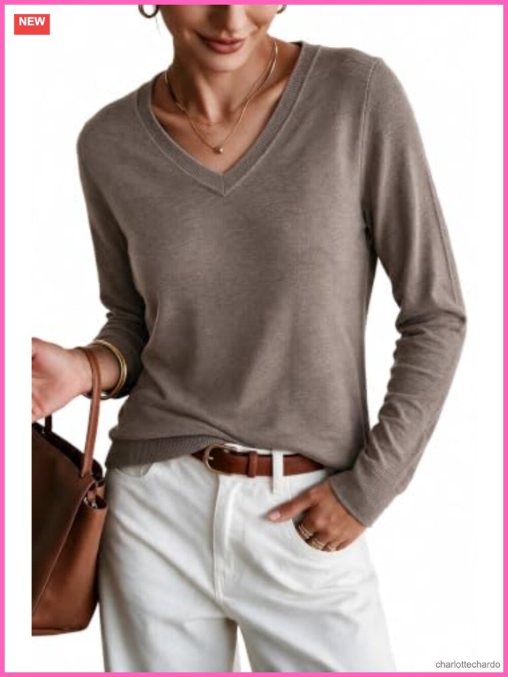 Women's Wool Blend V-Neck Long Sleeve Loose Fit Pullover Sweater